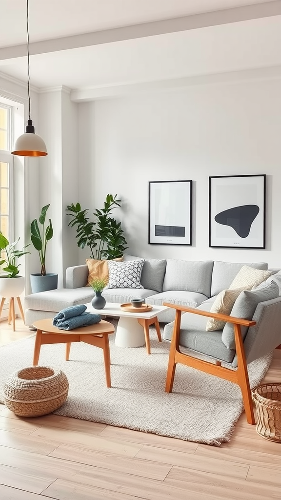 Cozy mid-century modern living room with Scandinavian design elements, featuring a gray sofa, wooden furniture, and indoor plants.