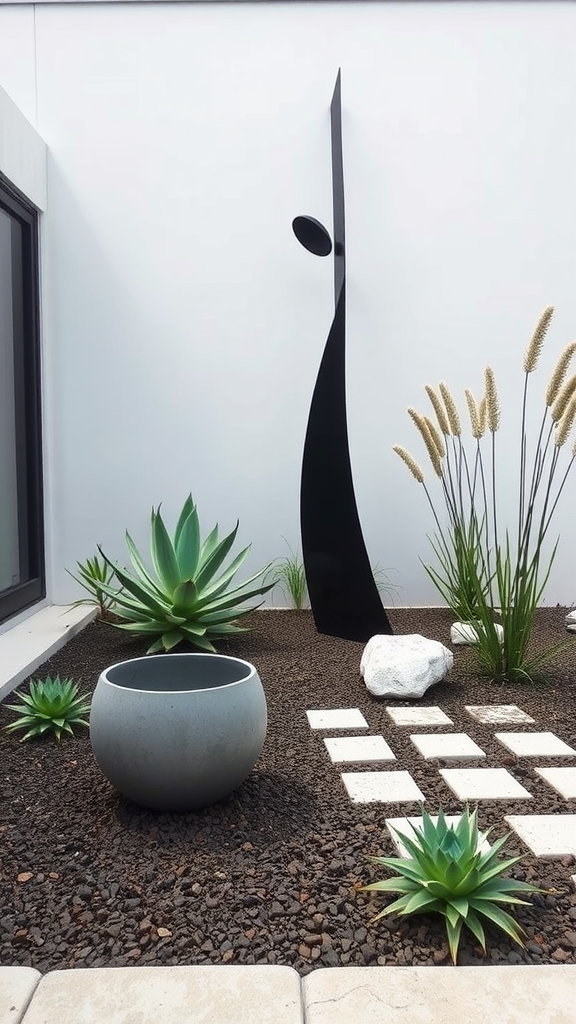 A modern garden featuring a tall black sculpture, a stone head sculpture, and various green plants along a path.