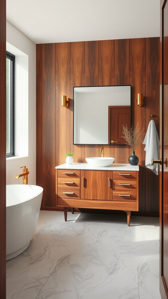 Modern walnut and white bathroom featuring a stylish vanity, freestanding tub, and natural light.