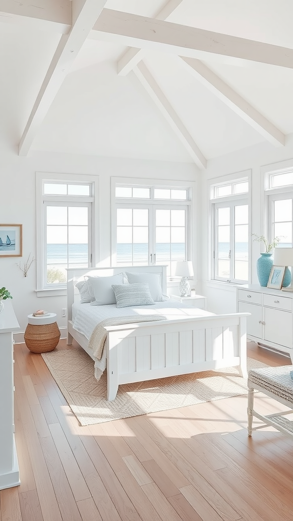 A bright modern coastal bedroom with large windows showing ocean views, featuring white furniture and wooden floors.