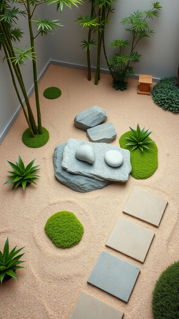 A modern Zen garden featuring bamboo plants, smooth stones, and a sandy base