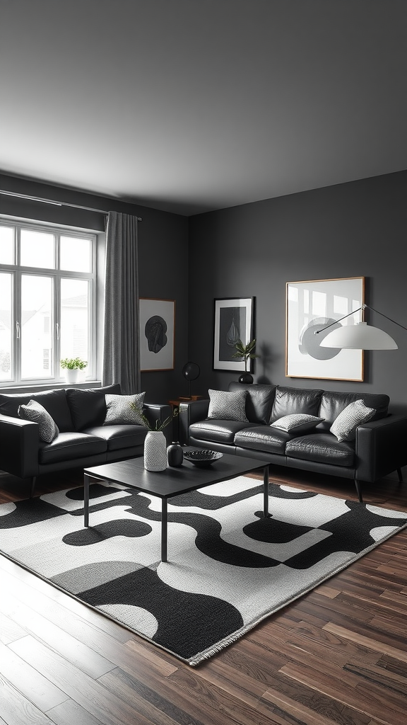 A moody mid-century modern living room featuring black leather sofas, a patterned rug, and dark walls.