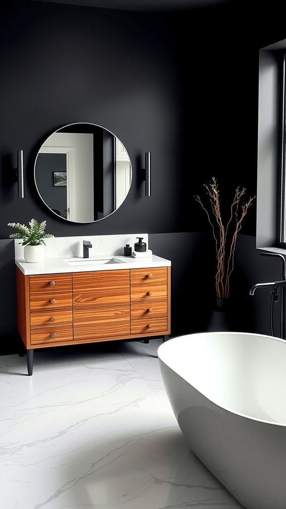 Modern monochrome bathroom featuring a wooden vanity, round mirror, freestanding tub, and dark walls.