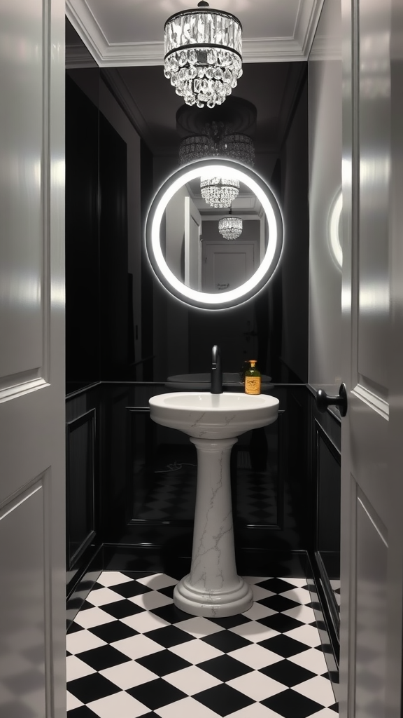 A stylish black and white powder room featuring a marble sink, round illuminated mirror, chandelier, and checkered flooring.