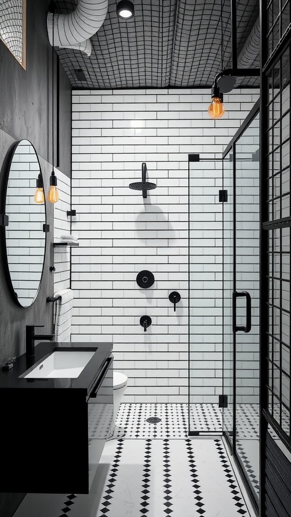 A modern monochrome bathroom featuring black tiles, white walls, and industrial lighting.