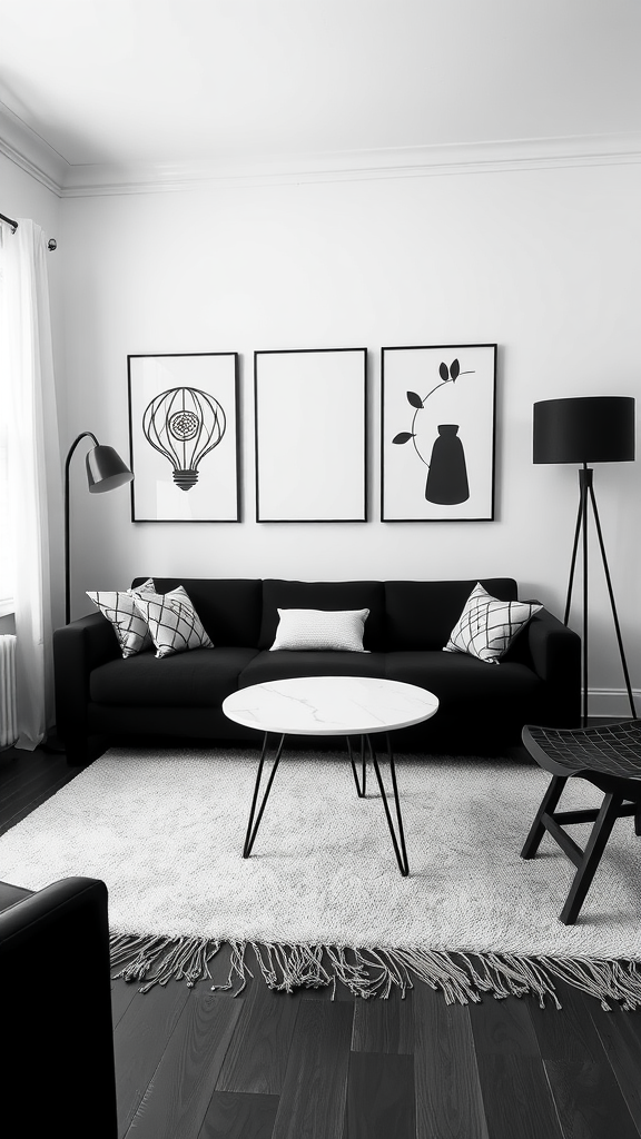 Monochrome mid-century modern living room featuring a black sofa, geometric cushions, marble coffee table, and wall art.