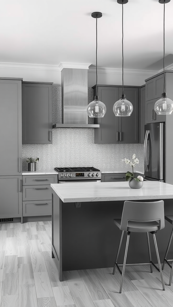 A monochrome mid-century modern kitchen with gray cabinetry and pendant lights.