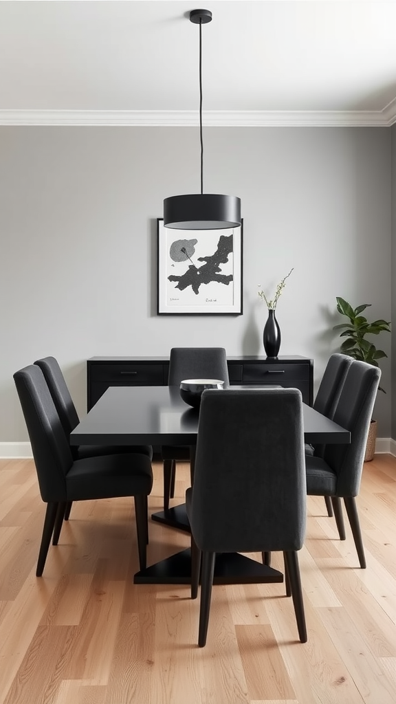 A monochrome mid-century modern dining room featuring a black table, black chairs, and abstract wall art.