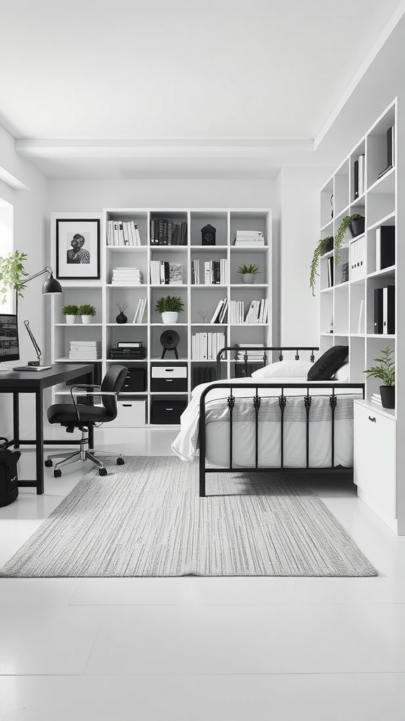 A minimalist college dorm room featuring a black metal bed, a modern desk, and organized shelves in monochrome colors.