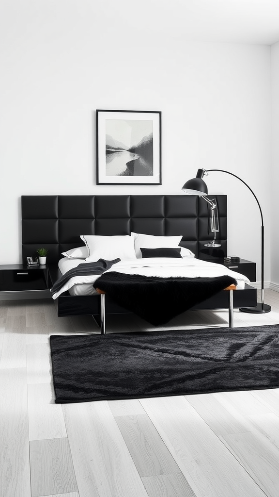 A modern teen boy bedroom featuring a black and white color scheme with a sleek bed, stylish lamp, and minimal decor.