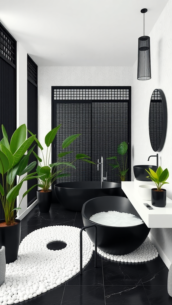 A modern black and white bathroom with a round bathtub, stone rug, plants, and stylish lighting.