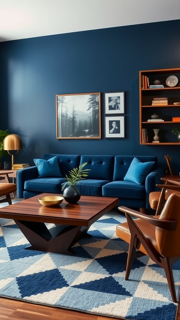 Mid-century modern living room featuring a blue wall, blue sofa, wooden coffee table, and geometric rug.