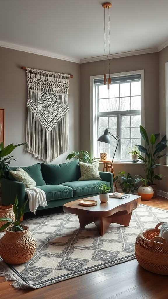 A cozy living room featuring a green sofa, macramé wall hanging, wooden coffee table, and potted plants.