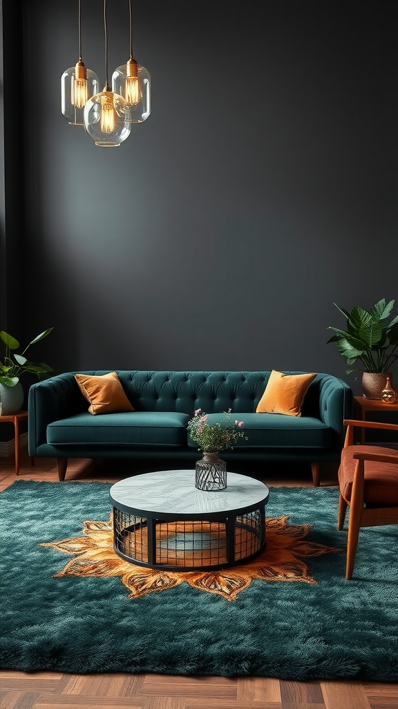 A mid-century modern living room featuring a teal sofa, orange cushions, a circular coffee table, and a dark wall