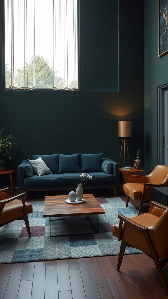 A moody mid-century modern living room featuring dark green walls, a blue sofa, orange chairs, and a wooden coffee table.