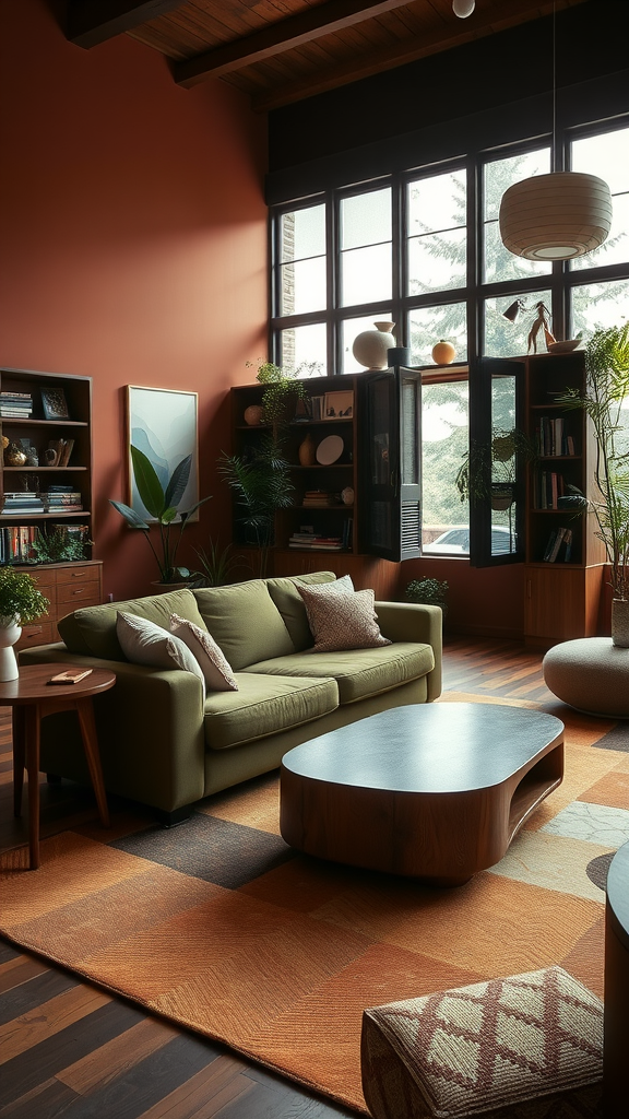 A moody mid-century modern living room featuring earthy tones, a green sofa, wooden coffee table, and large windows.