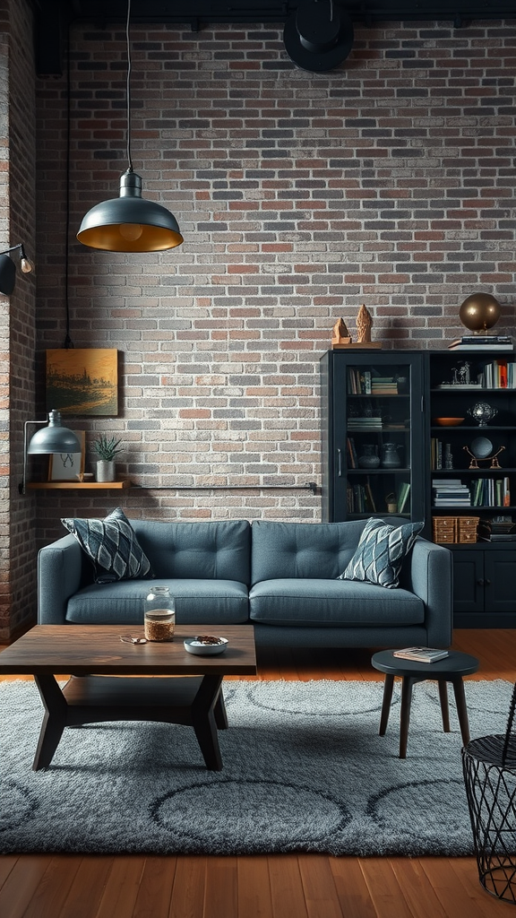 Mid-century modern living room featuring a blue sofa, brick wall, wooden coffee table, and industrial light fixtures.