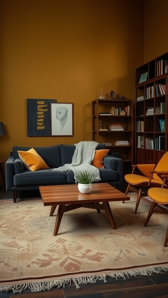 A moody mid-century modern living room featuring a blue sofa with orange pillows, a wooden coffee table, and a patterned area rug.