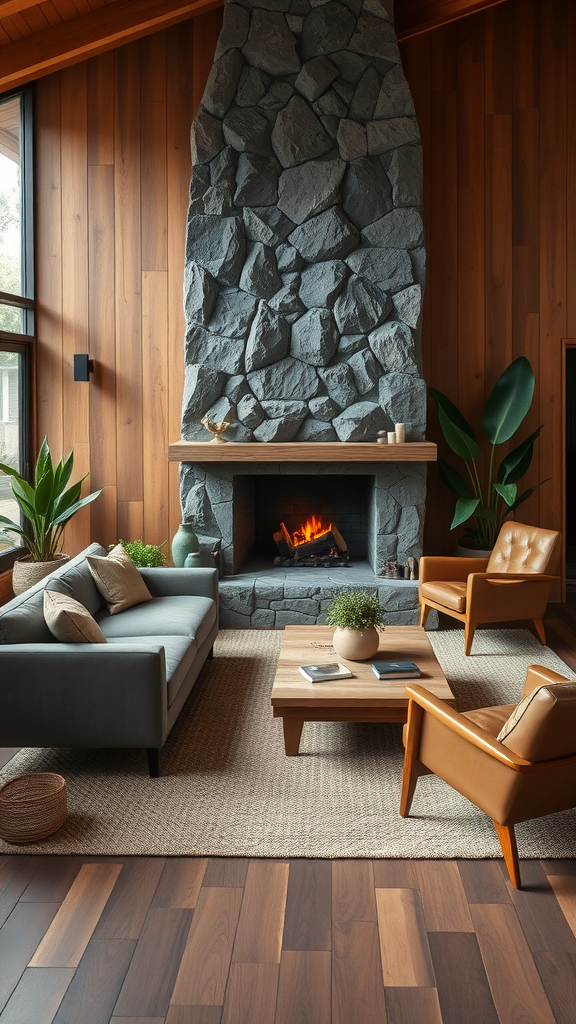 Mid-century modern living room featuring a stone fireplace, wooden walls, a gray sofa, and leather chairs.