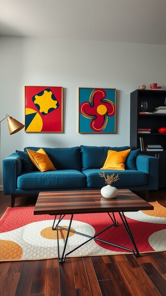 A cozy mid-century modern living room featuring a blue sofa with yellow pillows, retro pop art on the walls, a wooden coffee table, and a patterned area rug.