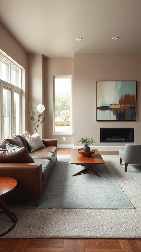 A mid-century modern living room featuring a brown leather sofa, a wooden coffee table, and large windows with natural light.