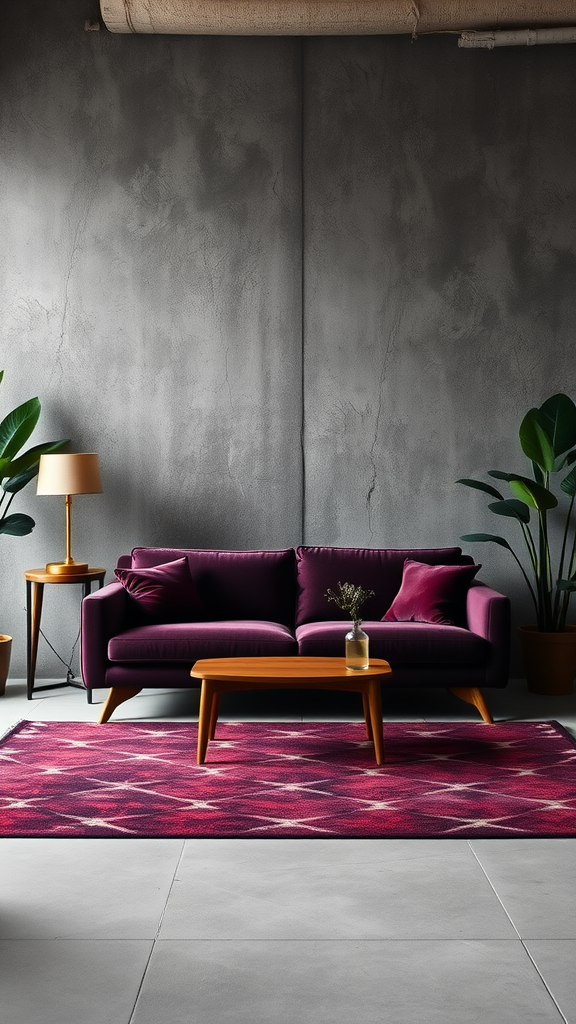 A moody mid-century modern living room with textured walls, featuring a deep purple sofa, a coffee table, and potted plants.