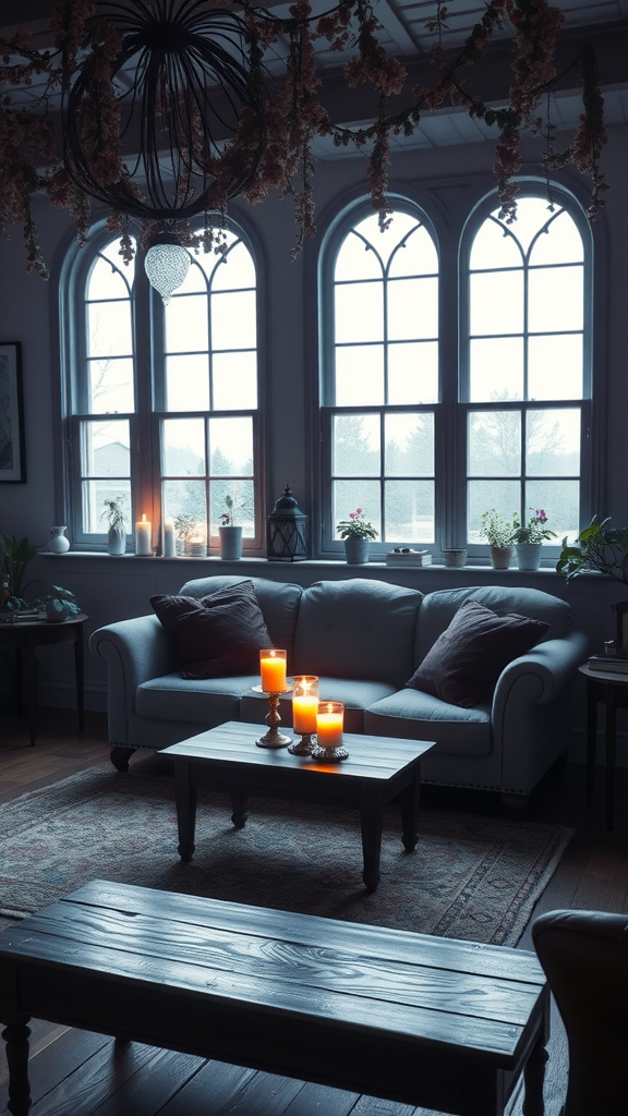 A cozy living room with large windows, candles, and a warm atmosphere.