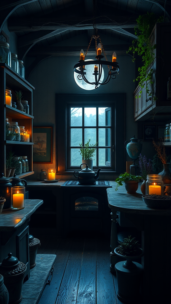 A cozy kitchen illuminated by candles, featuring herbs and a large window with a view of the moonlight.