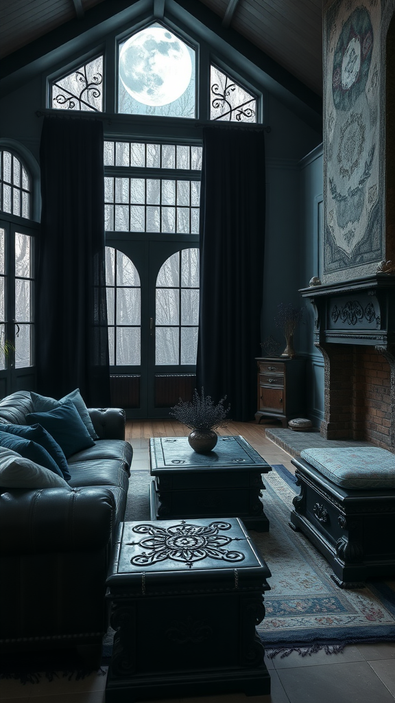 A cozy living room with a large moonlit window, dark furniture, and soft textiles.