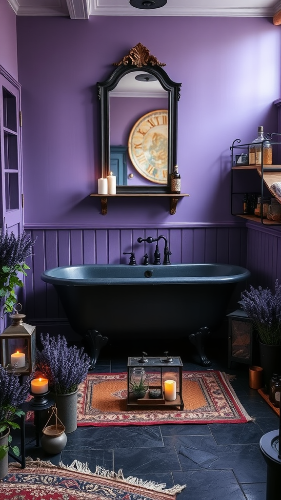 A cozy bathroom featuring purple walls, a black bathtub, lavender plants, and candlelight.