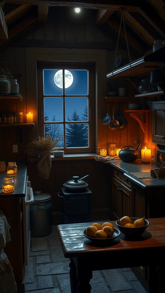 A rustic kitchen illuminated by moonlight, featuring wooden cabinets, a full moon visible through the window, candles, and bowls of fruit.