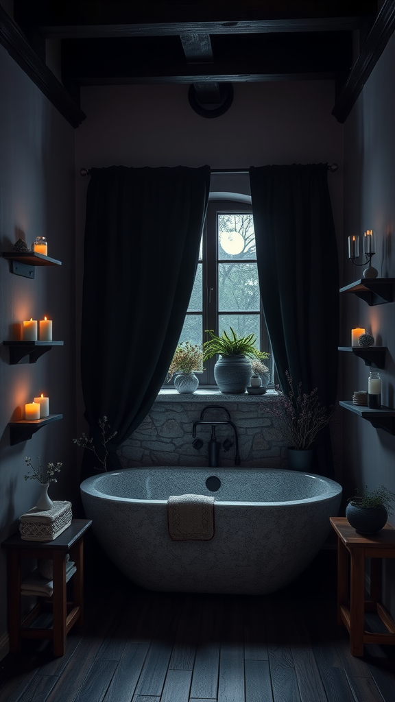 A cozy bathroom featuring a stone bathtub, candles, and plants, illuminated by moonlight.