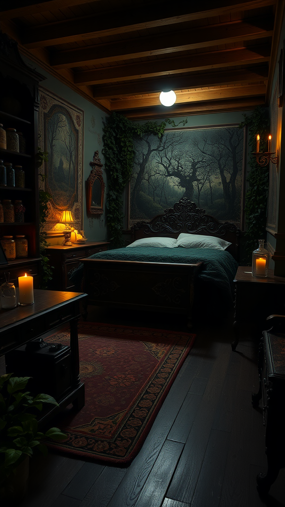 A dark, cozy bedroom with forest-themed artwork, candlelit ambiance, and rustic furniture.