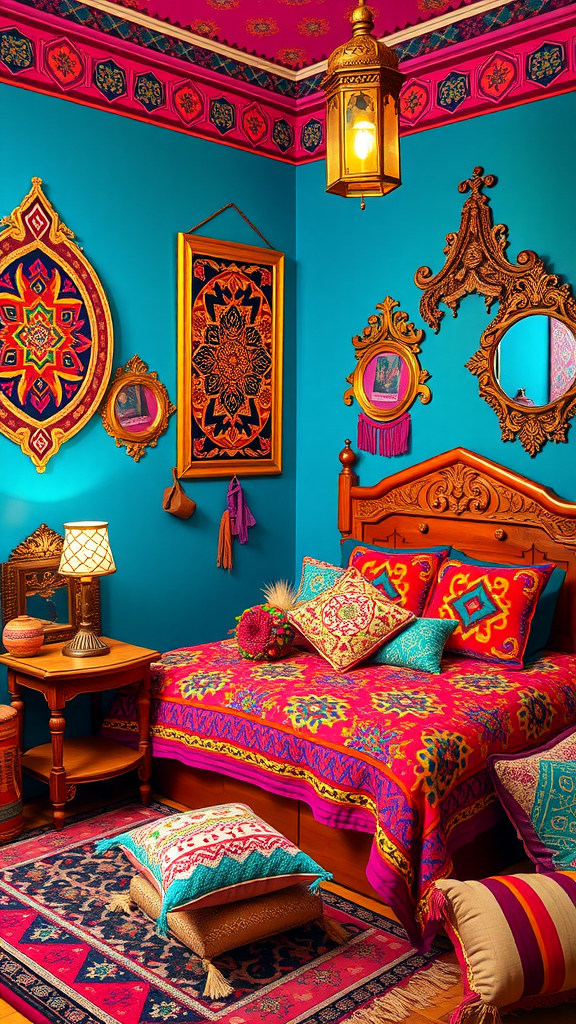 A vibrant Moroccan-inspired bedroom featuring turquoise walls, pink decor, an ornate bed, colorful cushions, and unique decorative elements.