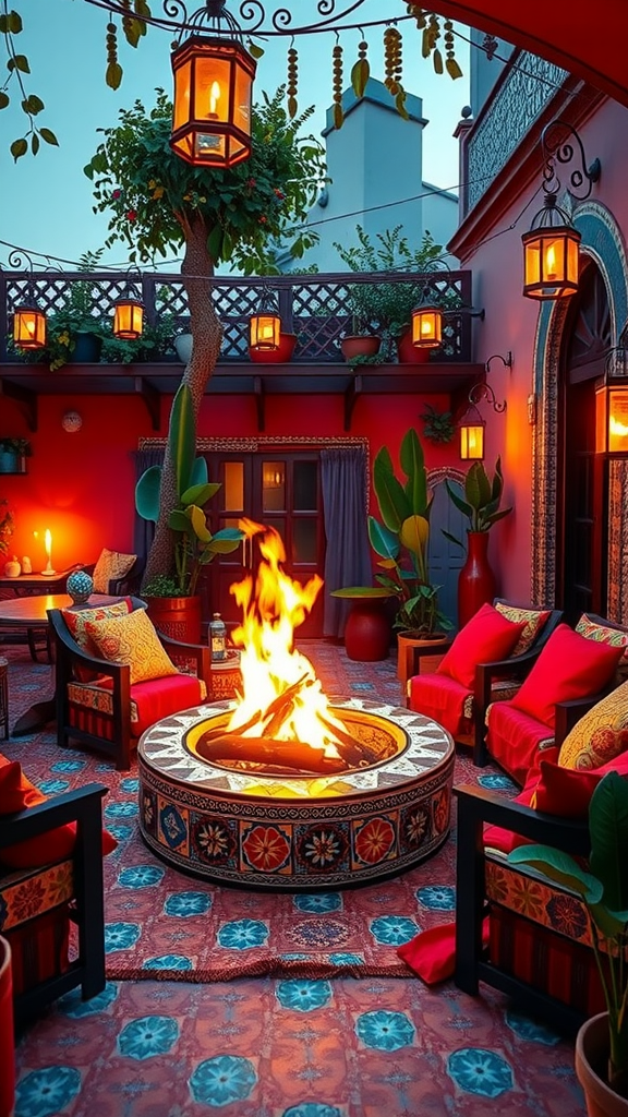 A cozy Moroccan-inspired patio featuring a fire pit surrounded by colorful seating and decorative lanterns.