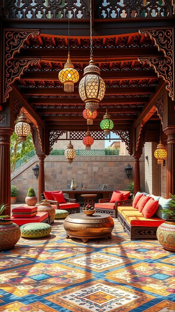 A beautifully decorated Moroccan-style pergola featuring colorful tiles, lanterns, and cozy seating.
