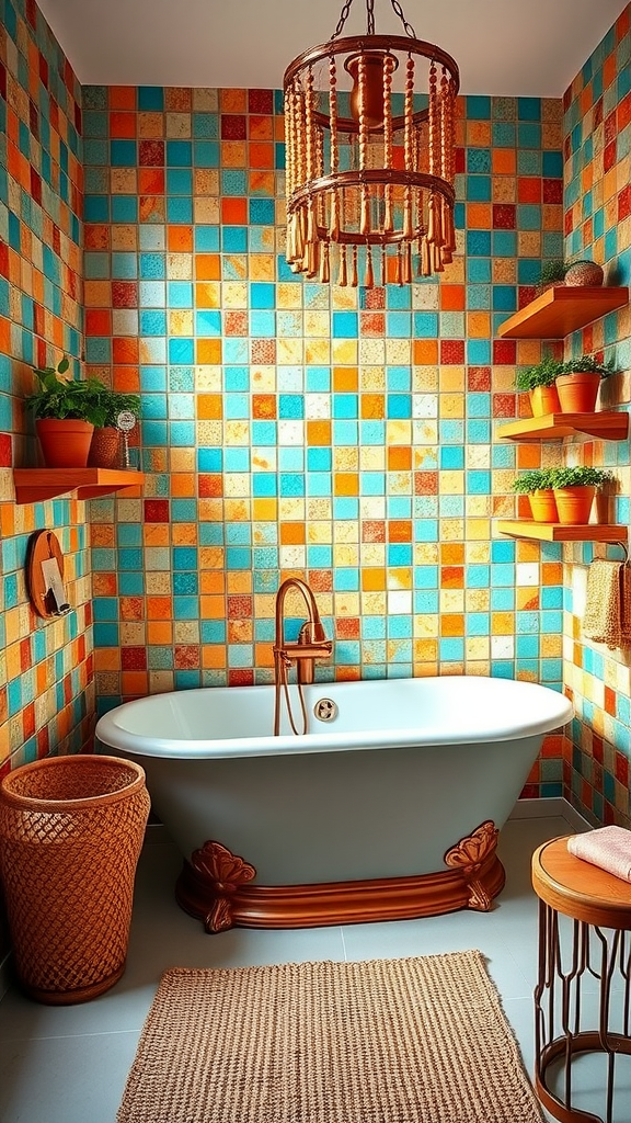 Colorful mosaic bathroom with turquoise and orange tiles, a stylish bathtub, and plants.