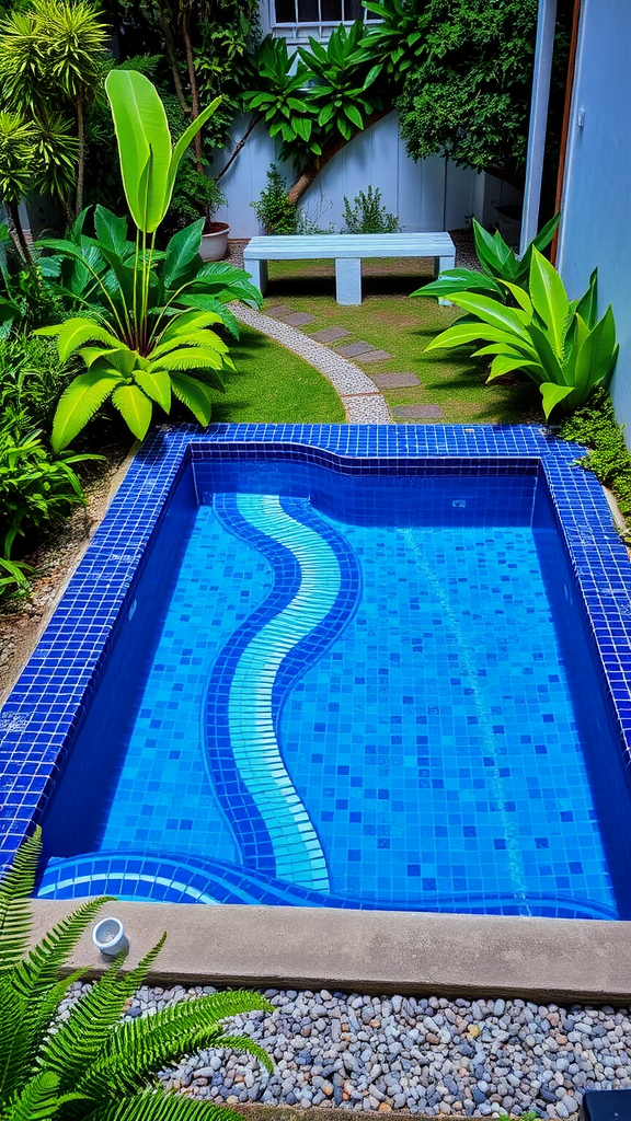 A small mosaic tile plunge pool surrounded by greenery and a stone pathway.