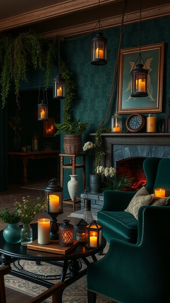 Cozy living room with deep green walls, candles, and plants, creating a serene atmosphere.