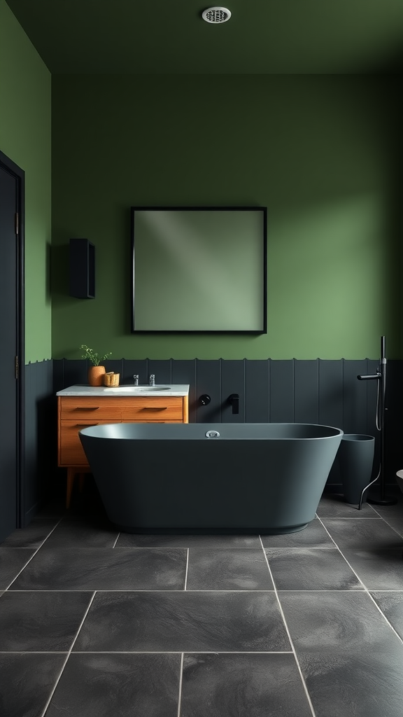 A modern bathroom featuring moss green walls, a black bathtub, a wooden vanity, and dark floor tiles.