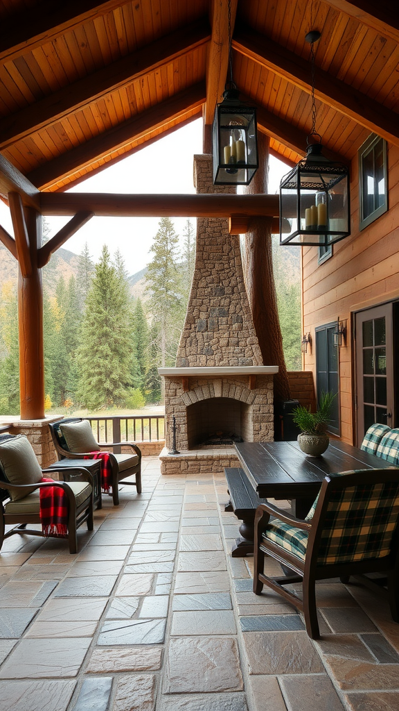 Cozy mountain lodge covered patio with a fireplace and seating area