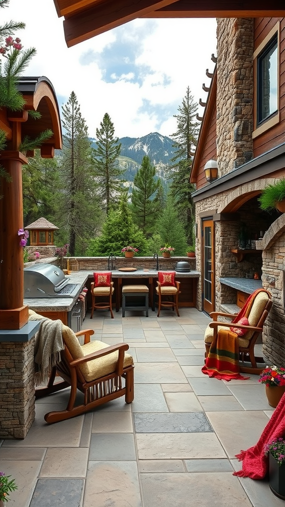 Cozy outdoor kitchen patio with grill, seating, and mountain view