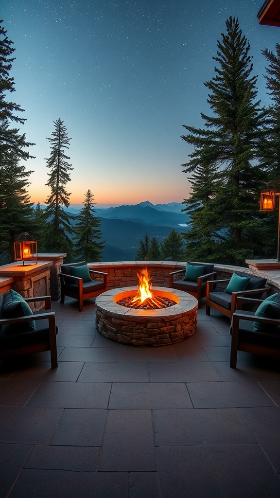 Cozy mountain view patio with a fire pit surrounded by seating and trees