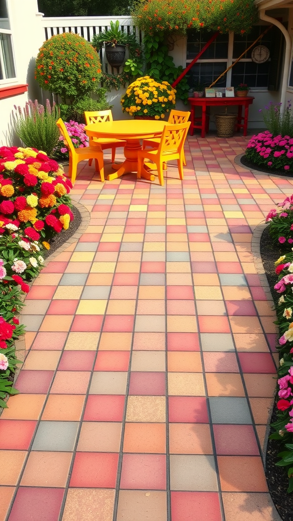 A colorful paver patio with bright flowers and yellow furniture