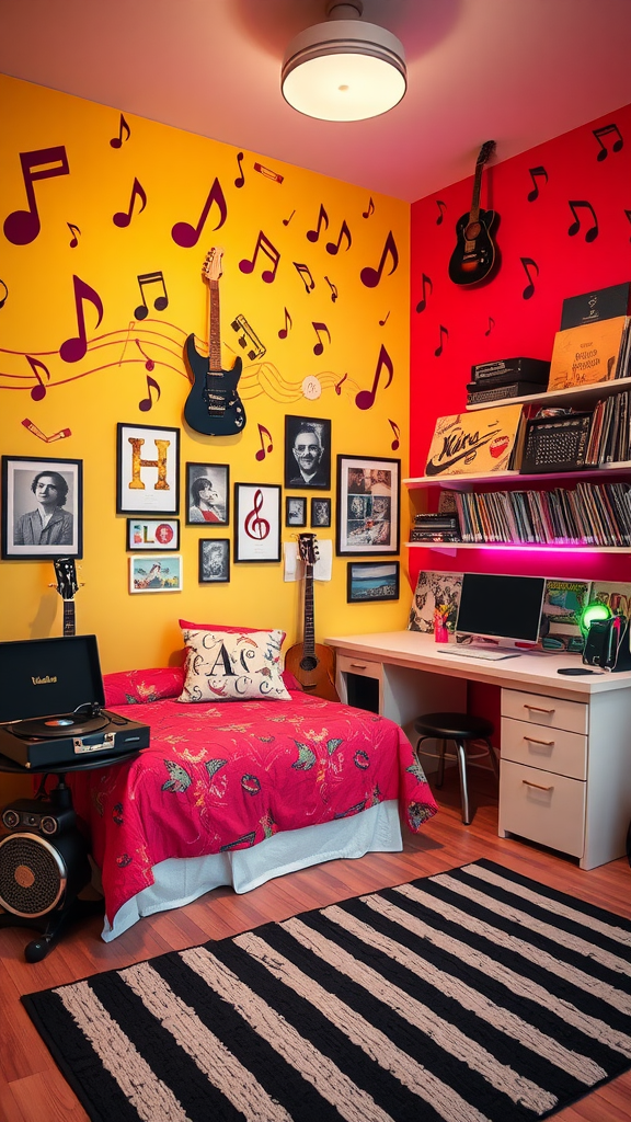 A vibrant bedroom decorated with musical themes, featuring guitars, colorful walls, and a stylish workspace.