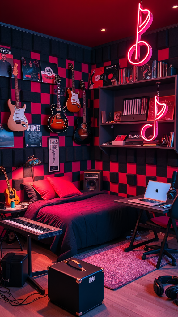 A stylish teen boy's bedroom with guitars, a keyboard, and neon music notes.