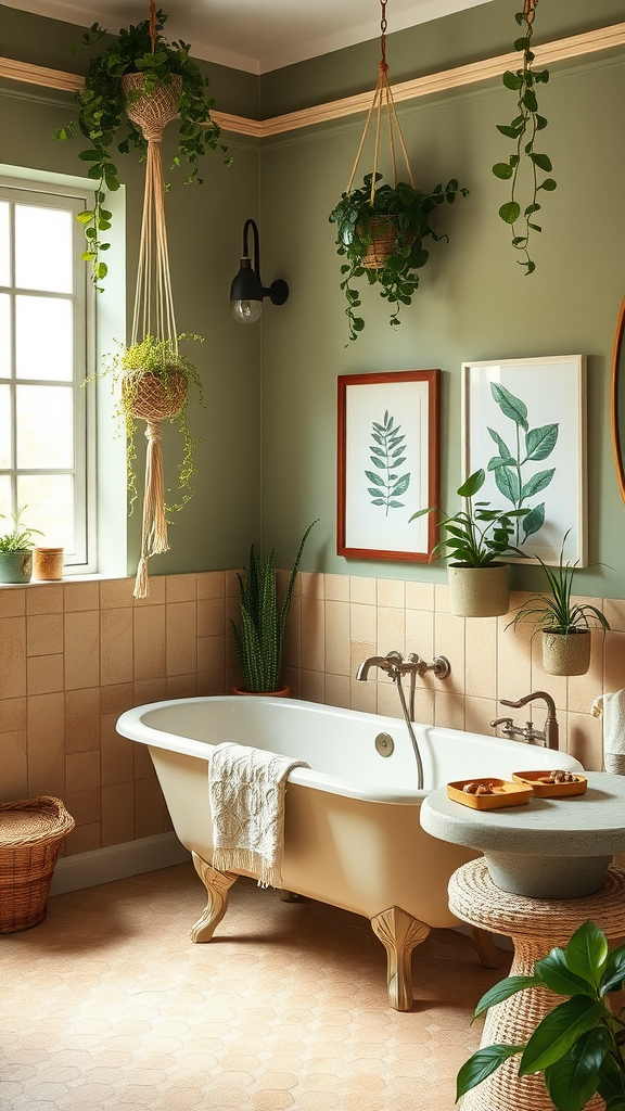 A serene bathroom with green walls, hanging plants, a clawfoot bathtub, and botanical art