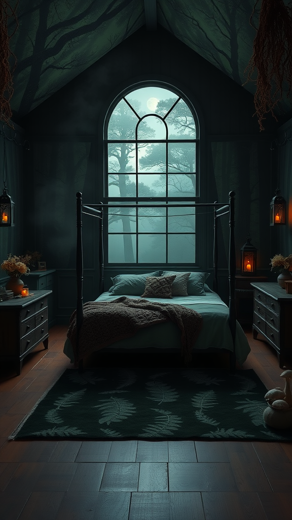 A dark bedroom with forest-themed decor featuring a large arched window showing a moonlit forest and cozy bed with a textured blanket.