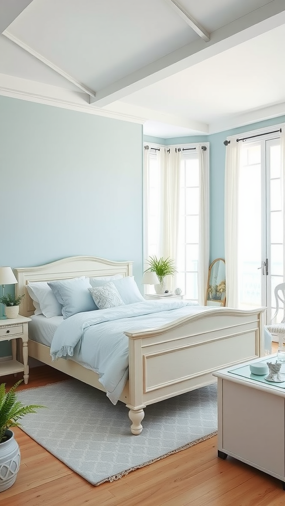 Coastal style bedroom with blue walls and white furniture