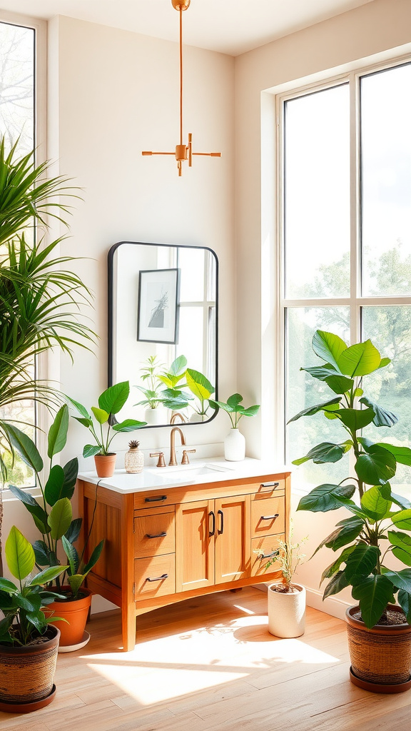 A mid-century modern bathroom with natural light and plants, featuring a wooden vanity and large windows.